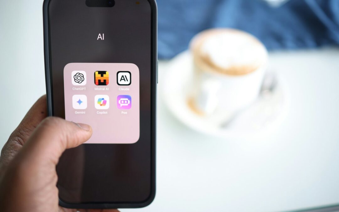 Phone showing AI apps including ChatGPT, Claude, Gemini, and Copilot used for AI search